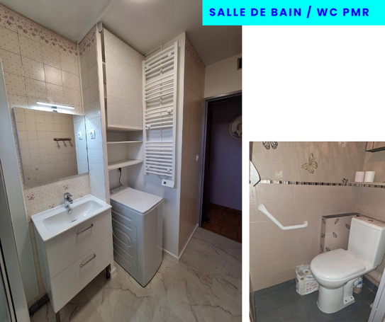 Douche sécurisée, meuble vasque, sèche serviettes, WC surélevé